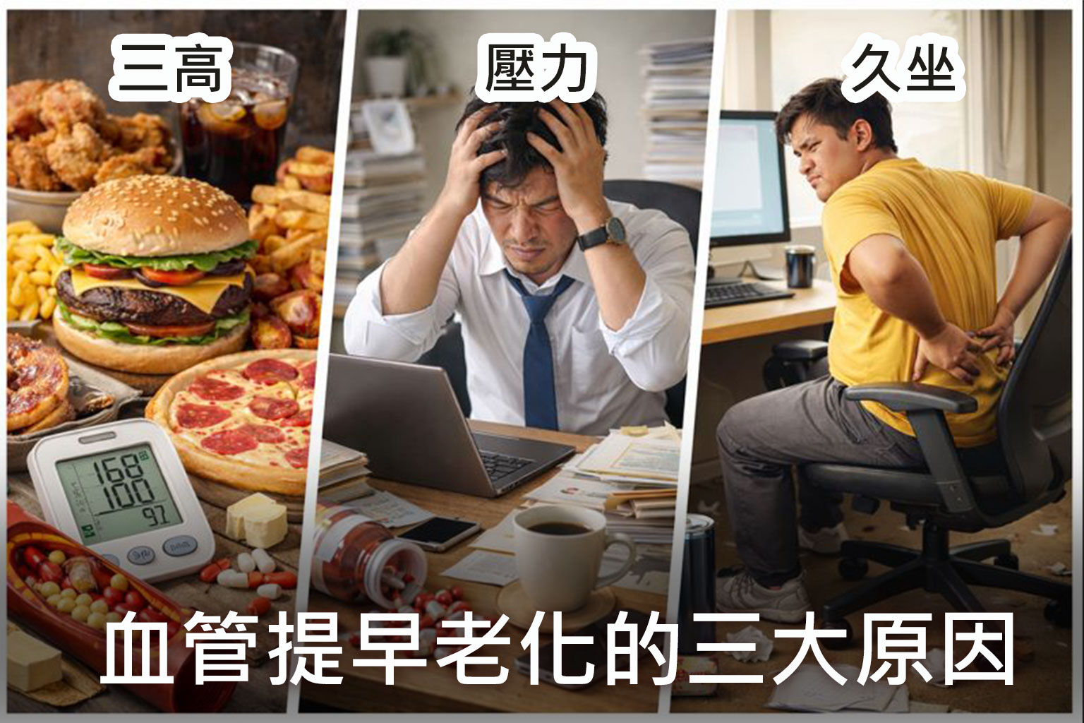 血管提早老化的三大原因：三高飲食、工作壓力、長期久坐
